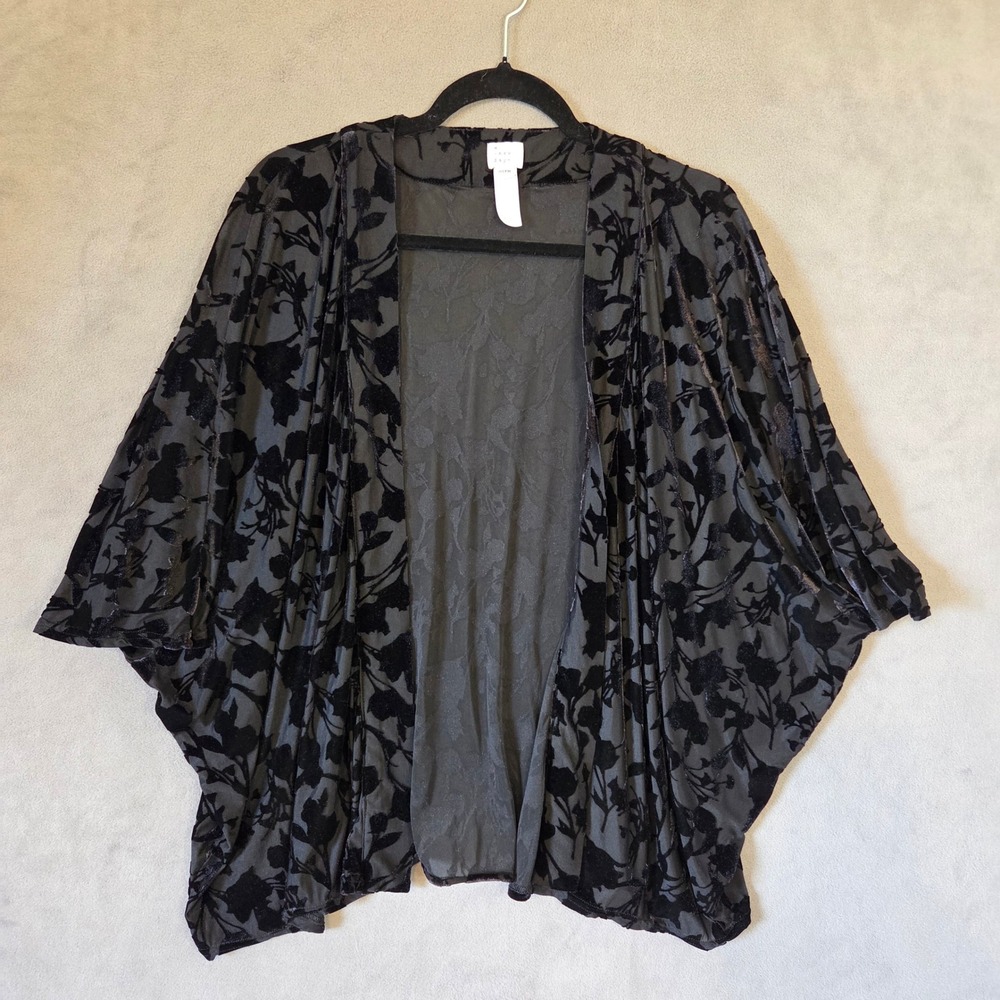 A New Day Black Velvet Burnout Floral Kimono Cardigan Women OSFM Whimsigoth
